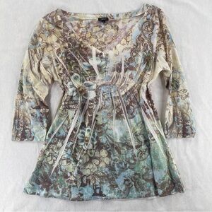 Yukiko Floral V-Neck Tunic in Blue, Cream and Brown
